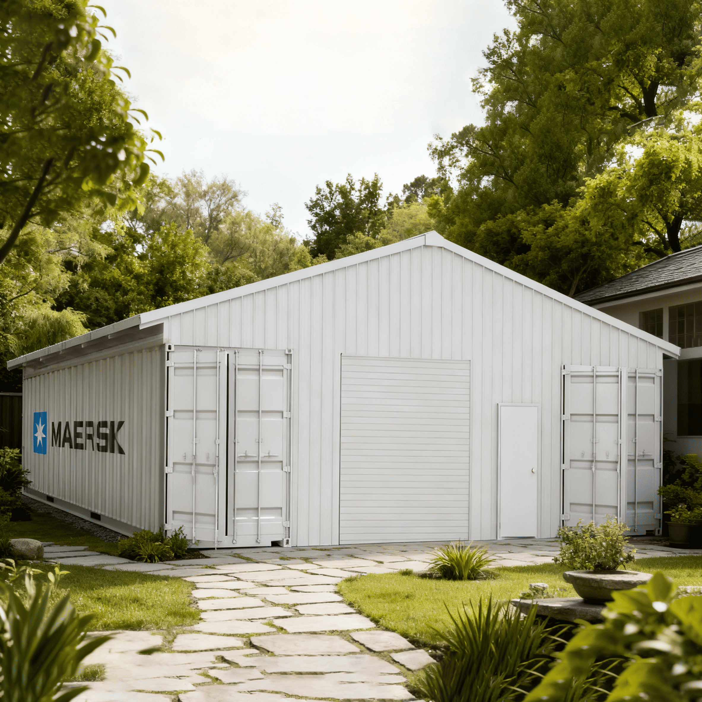 White shipping container with Maersk logo in a garden setting
