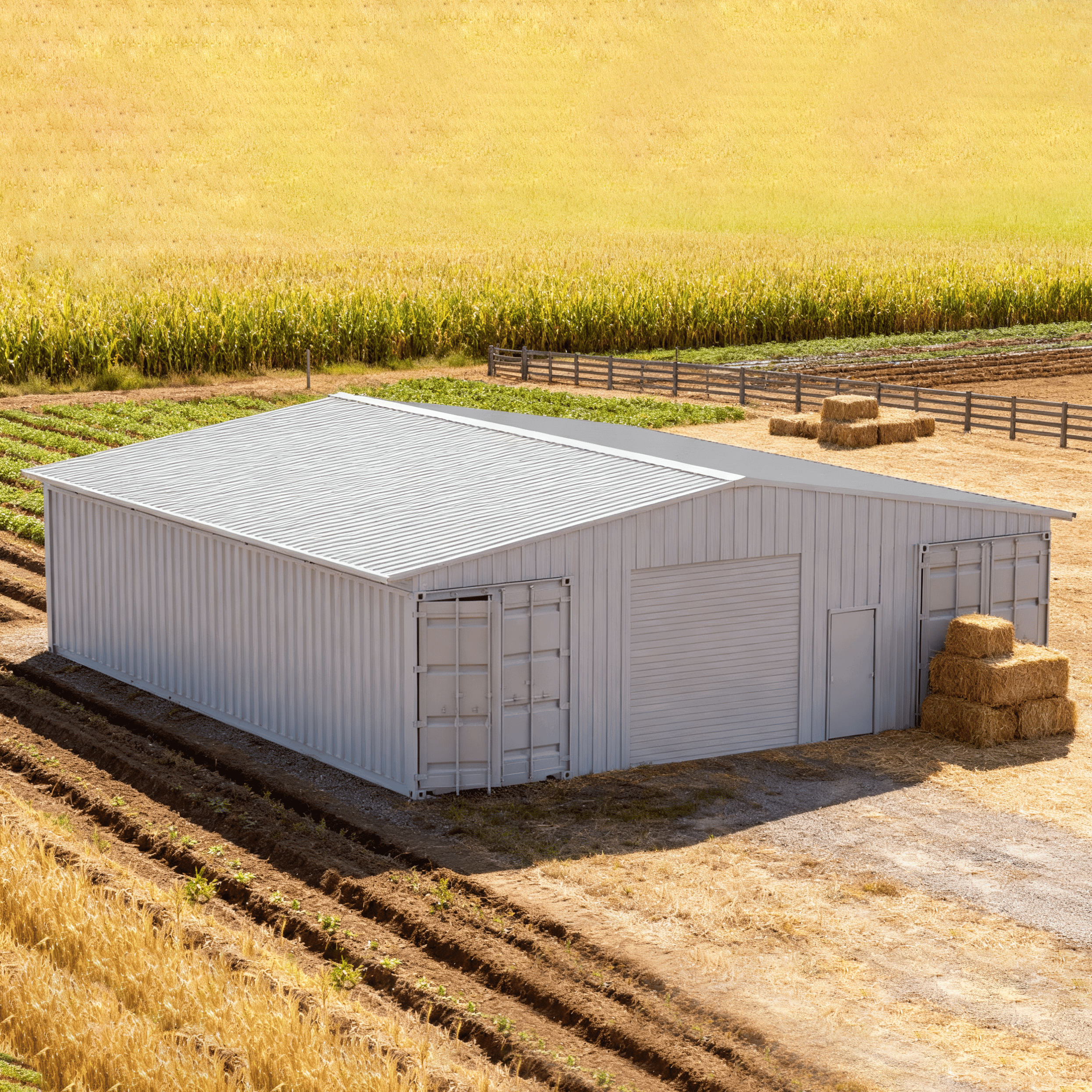 White barn on a farm with cornfields and hay bales in the background