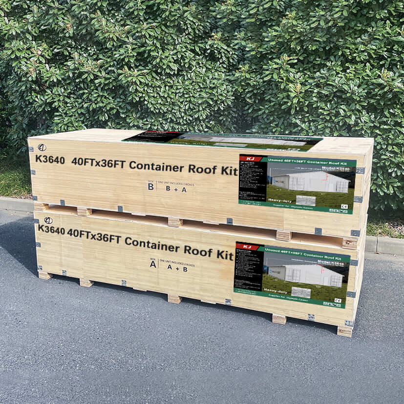 K3640 40FTx36FT Container Roof Kit packaging on a road with greenery in the background