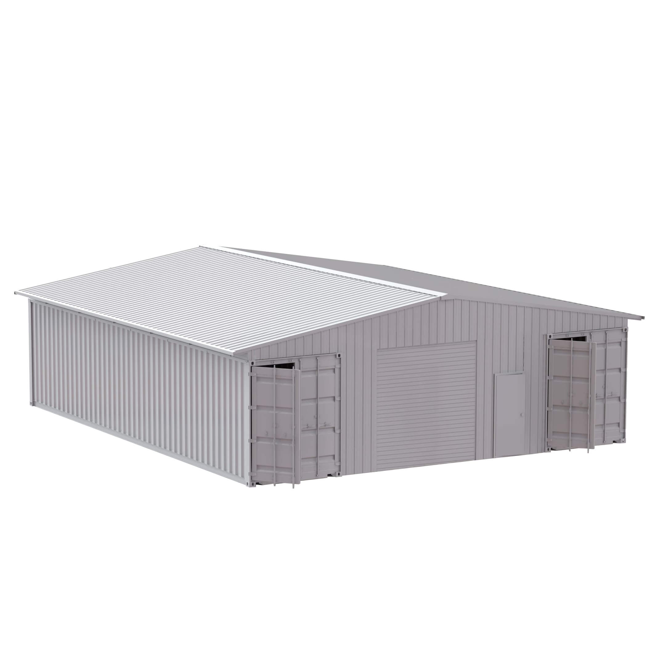 Gray metal storage shed with two doors on a white background