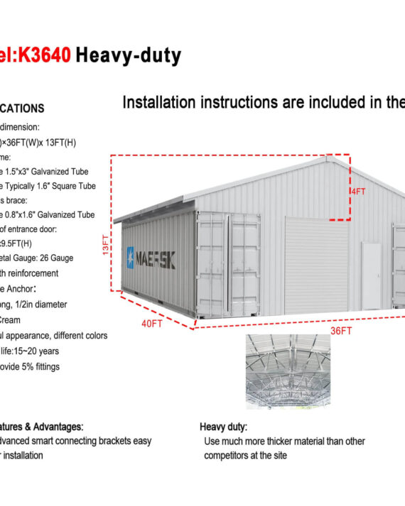 Heavy-duty storage shed with specifications and installation instructions on a white background
