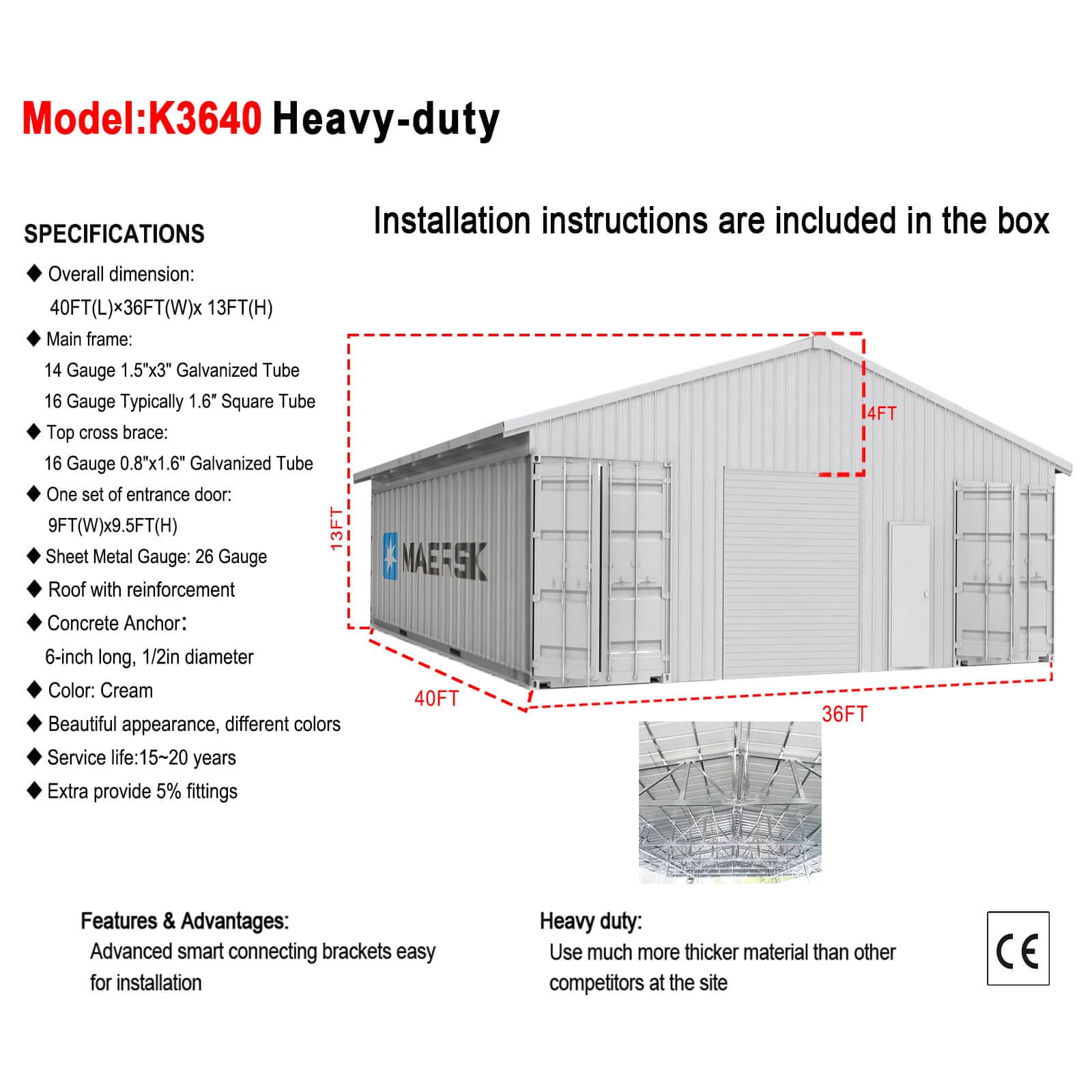 Heavy-duty storage shed with specifications and installation instructions on a white background