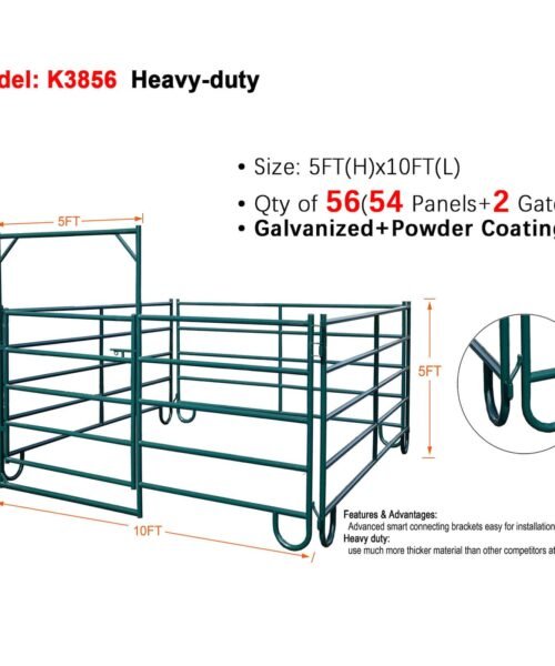 K3856 heavy-duty corral panel specifications showing 5ft by 10ft dimensions with galvanized powder coated finish including 54 panels and 2 gates with smart connecting brackets