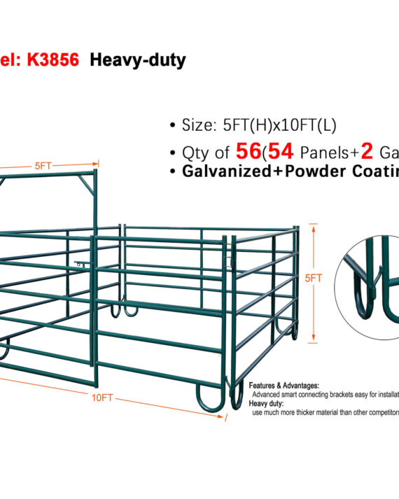 K3856 heavy-duty corral panel specifications showing 5ft by 10ft dimensions with galvanized powder coated finish including 54 panels and 2 gates with smart connecting brackets