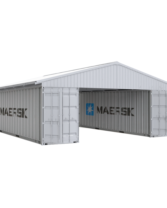 steel container roof kit installed over two Maersk shipping containers creating covered storage