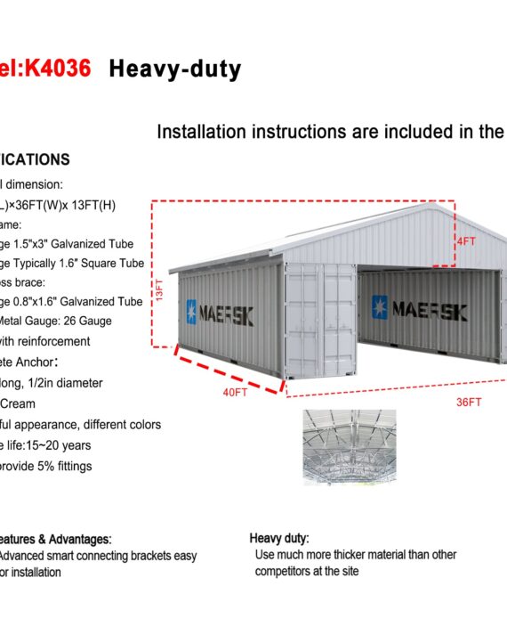 container roof kit diagram showing 40FT length, 36FT width and 13FT height built over two Maersk shipping containers