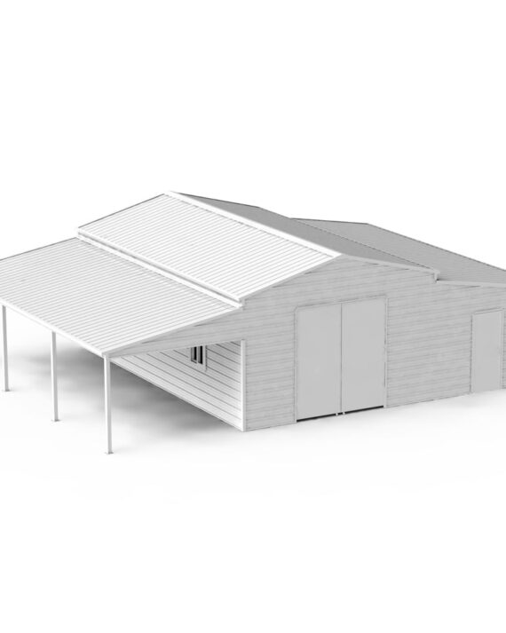 Metal shed with a carport on a white background