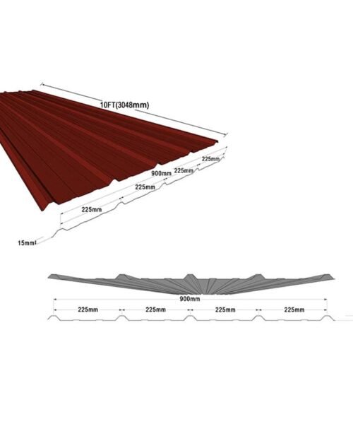 Technical diagram of a red roof with measurements on a white background