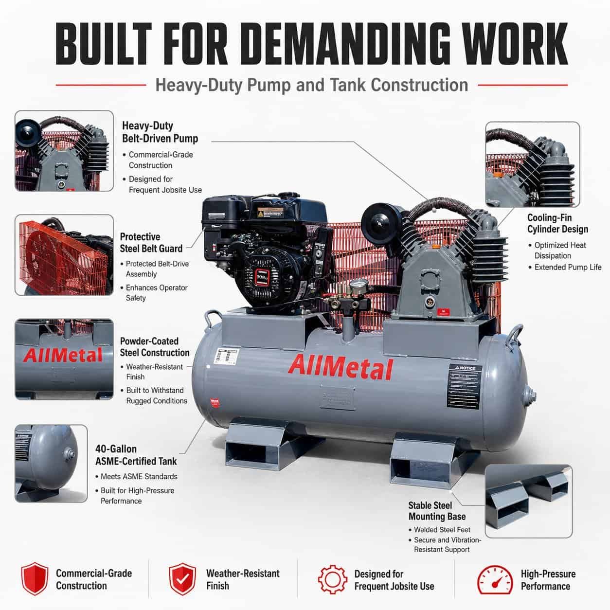 40 Gal ASME Air Compressor – 9HP Gas, 175 PSI, Heavy-Duty, 14.5 CFM - Image 7