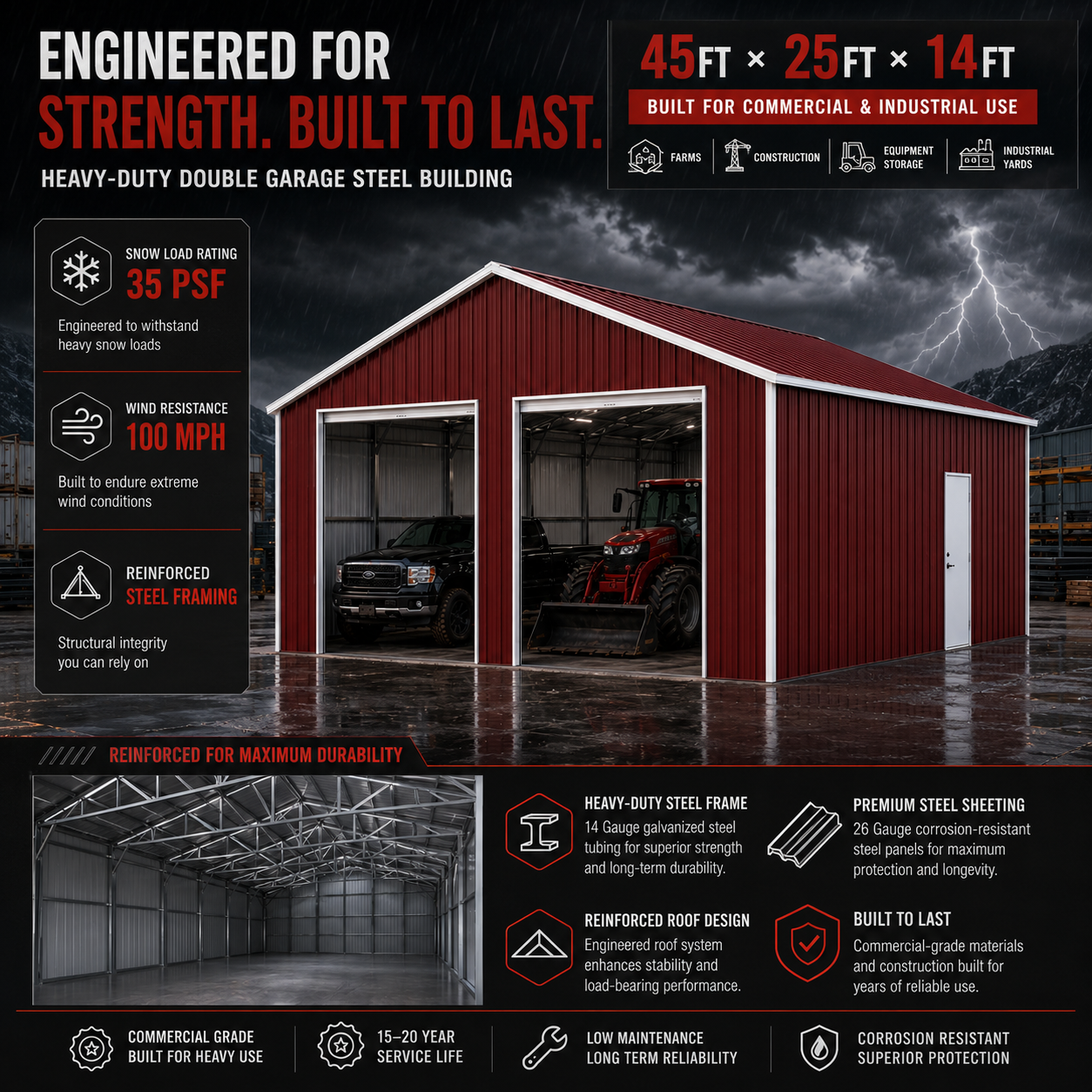45FT x 25FT Metal Garage Barn Shed (Red-Brown) - Image 4