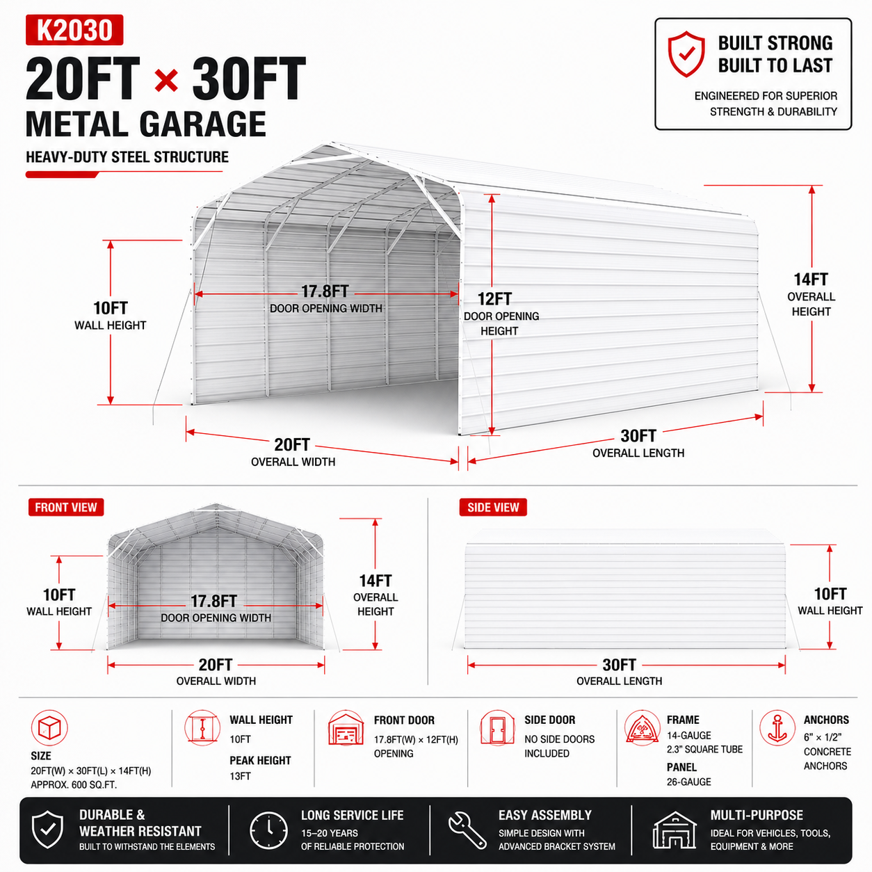 20FT x 30FT Metal Garage – Heavy-Duty Steel Carport with 13FT Peak Roof - Image 2