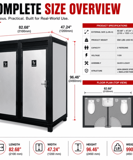 Outdoor portable restroom with sink, light, and vent fan for two persons.