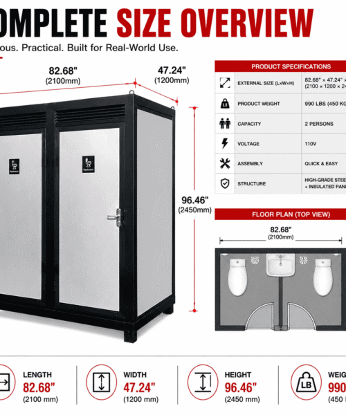 Outdoor portable restroom with sink, light, and vent fan for two persons.