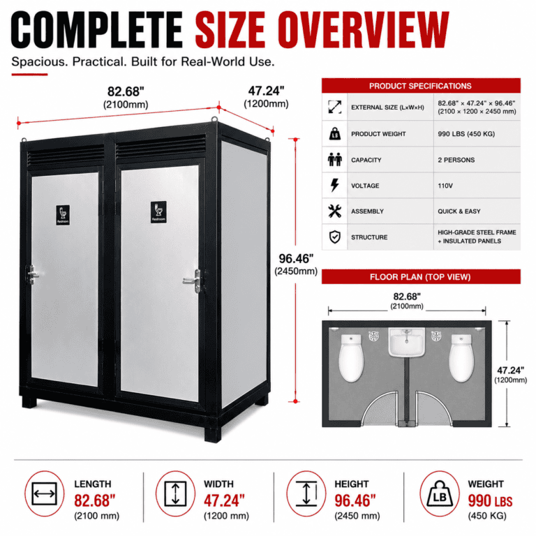 Outdoor portable restroom with sink, light, and vent fan for two persons.