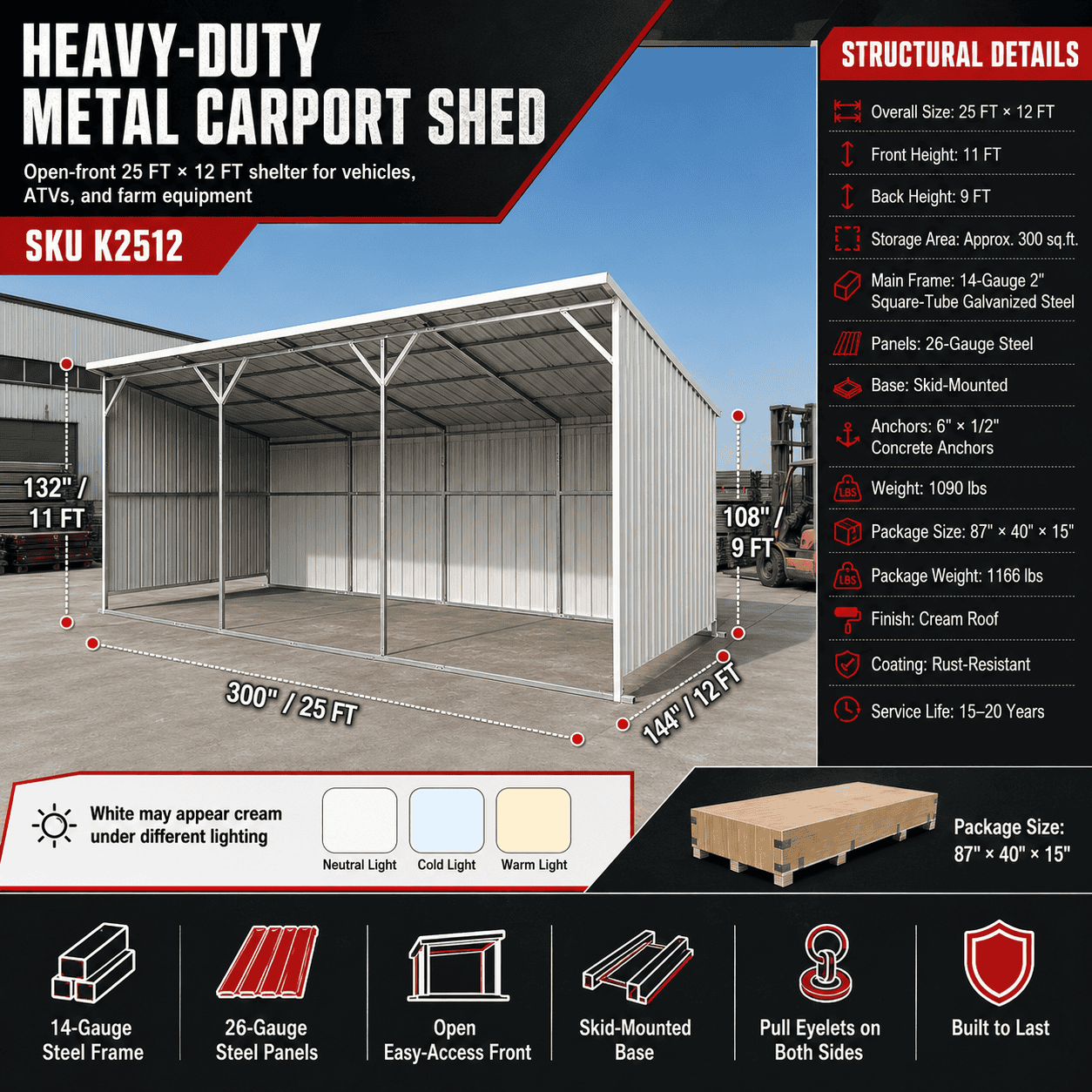 Open metal carport shed with steel panels and sturdy frame for vehicles and equipment.