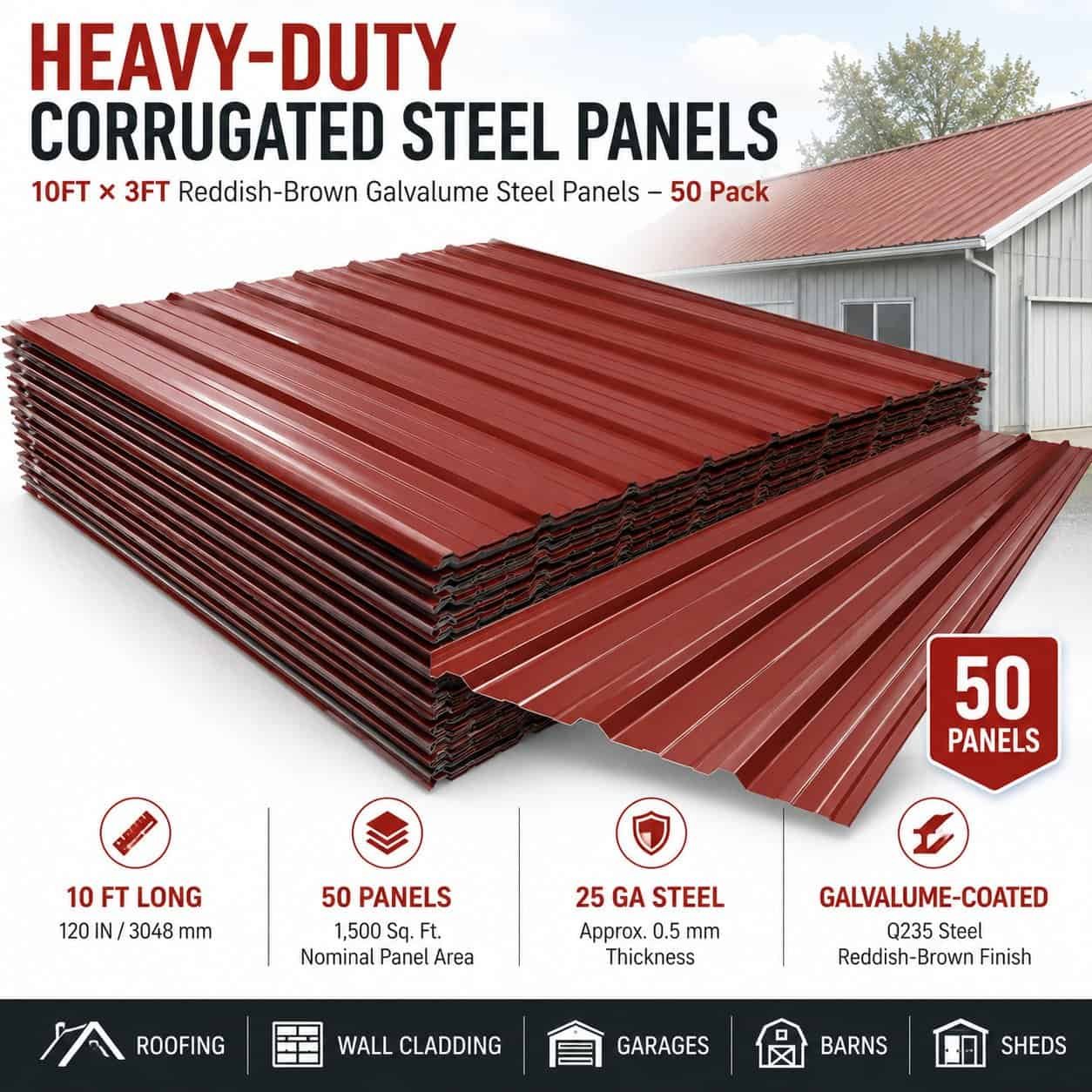 10FT Metal Galvalume Corrugated Panels – Durable red-brown Roof & Wall Sheets - Image 2