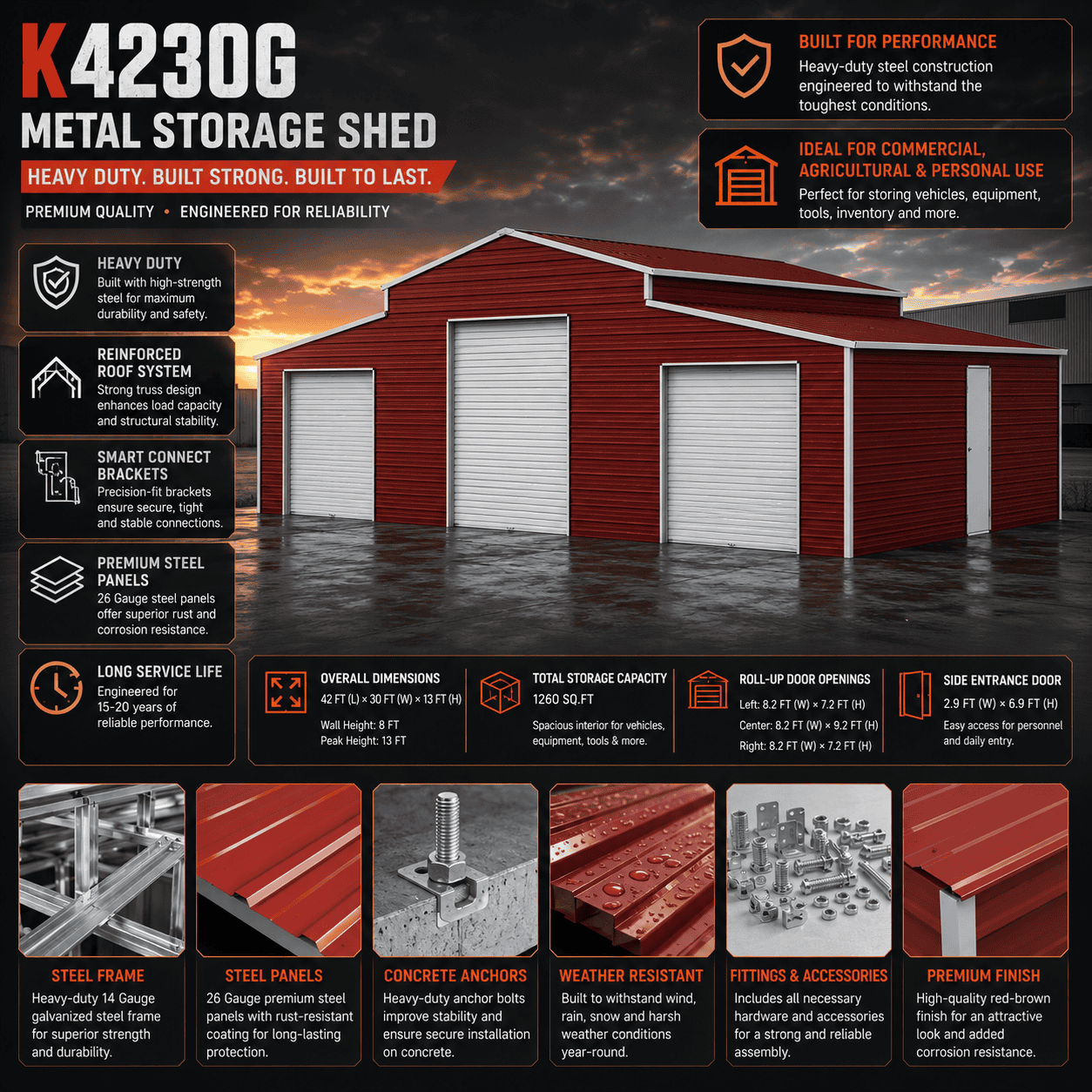 42FT x 30FT Heavy-Duty Metal Storage Shed for Home & Farm use with 3 roll up doors - Image 3