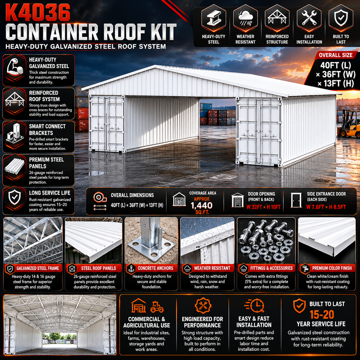 40FT x 36FT Container Roof Kit – Heavy-Duty Steel Shelter (No Containers) - Image 5