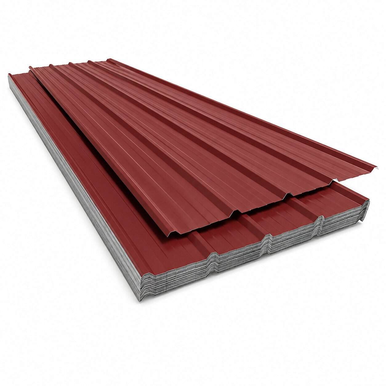 Red-brown corrugated metal roofing panels for sheds and garages.