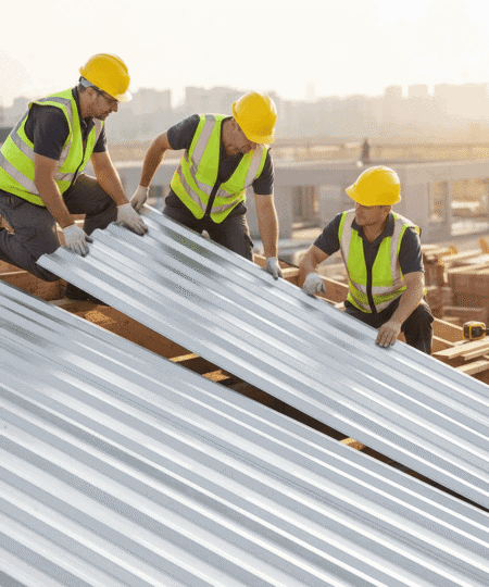 Three construction workers in high-visibility vests and yellow hard hats handling metal roofing sheets on a building site.