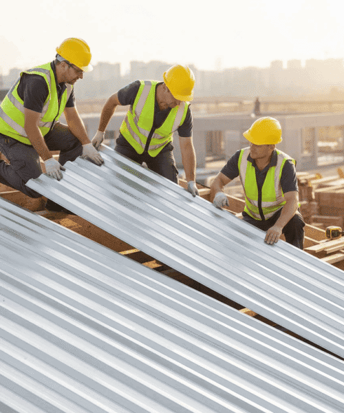 Three construction workers in high-visibility vests and yellow hard hats handling metal roofing sheets on a building site.