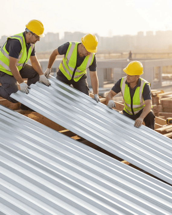 Three construction workers in high-visibility vests and yellow hard hats handling metal roofing sheets on a building site.