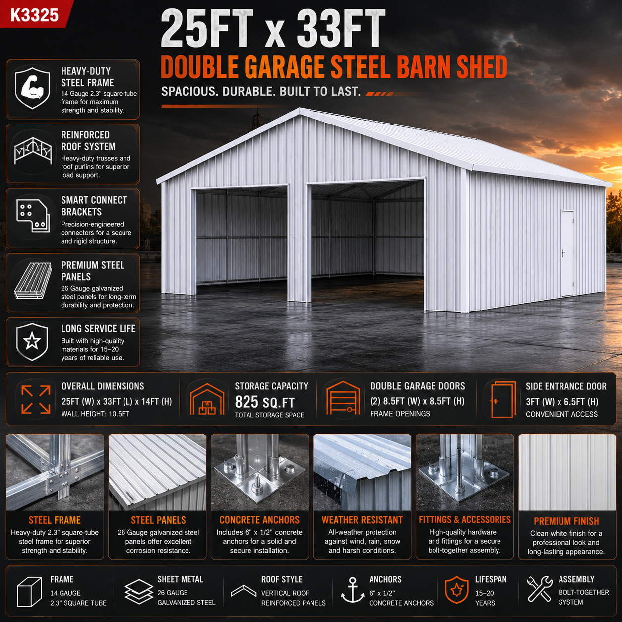33FT x 25FT Metal Garage Barn – Reinforced Steel Structure - Image 4