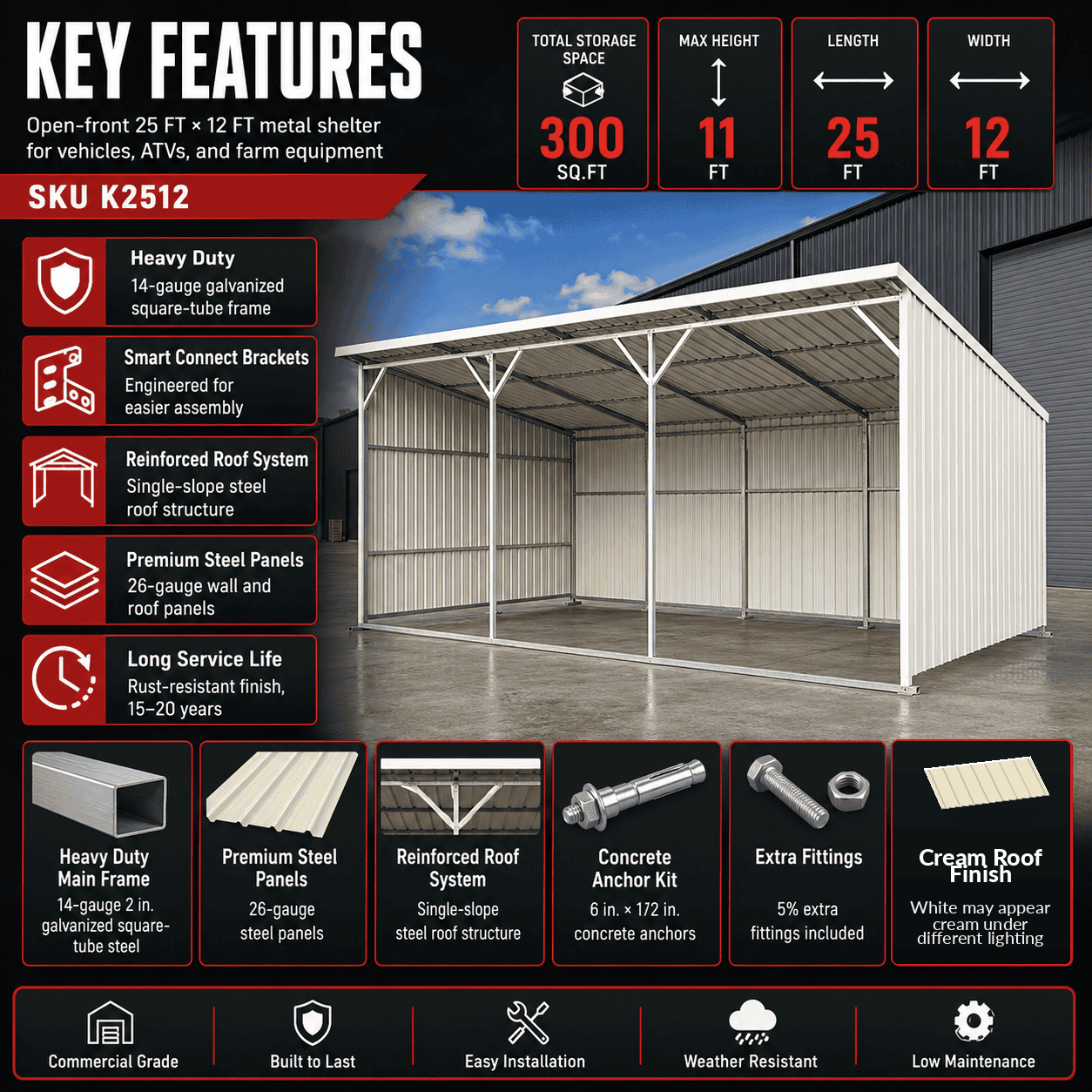 Open-front metal farm shed with steel frame and roof panels for equipment storage.