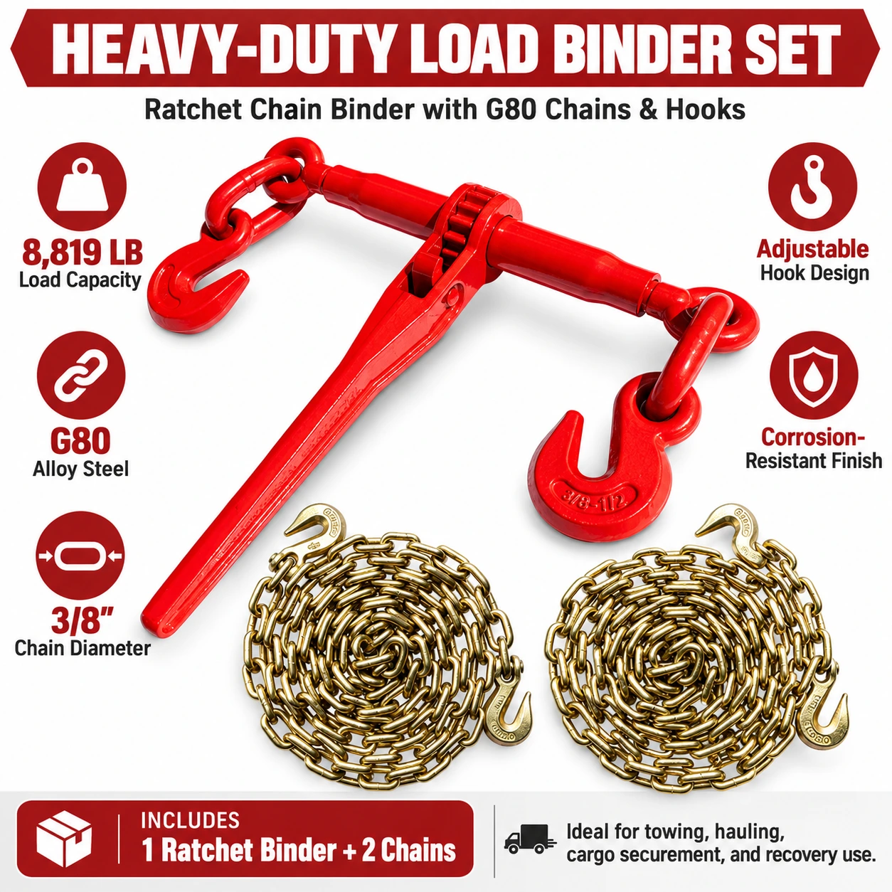 3/8" Ratchet Load Binder Set with 2 G80 Chains – 8,819 lb Capacity - Image 2