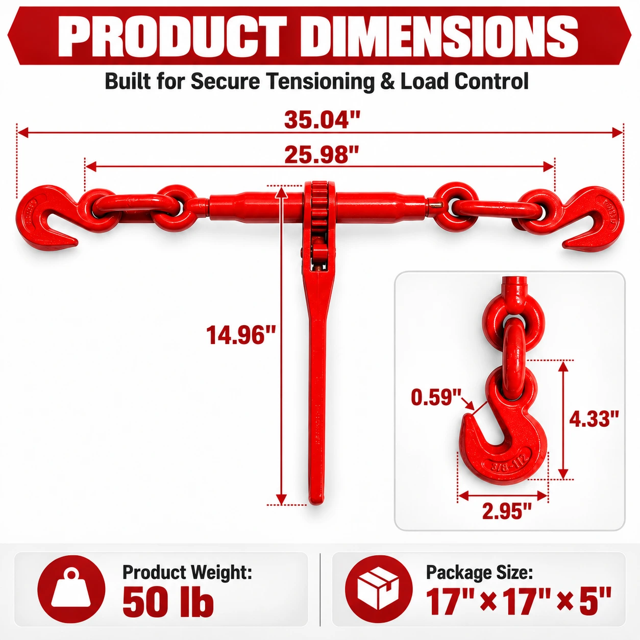 3/8" Ratchet Load Binder Set with 2 G80 Chains – 8,819 lb Capacity - Image 3