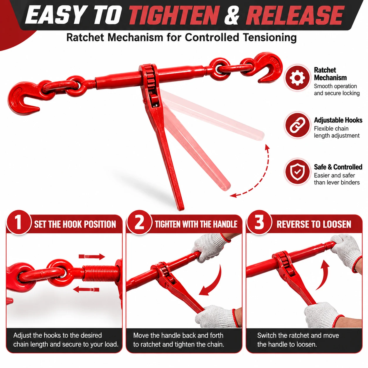 3/8" Ratchet Load Binder Set with 2 G80 Chains – 8,819 lb Capacity - Image 4