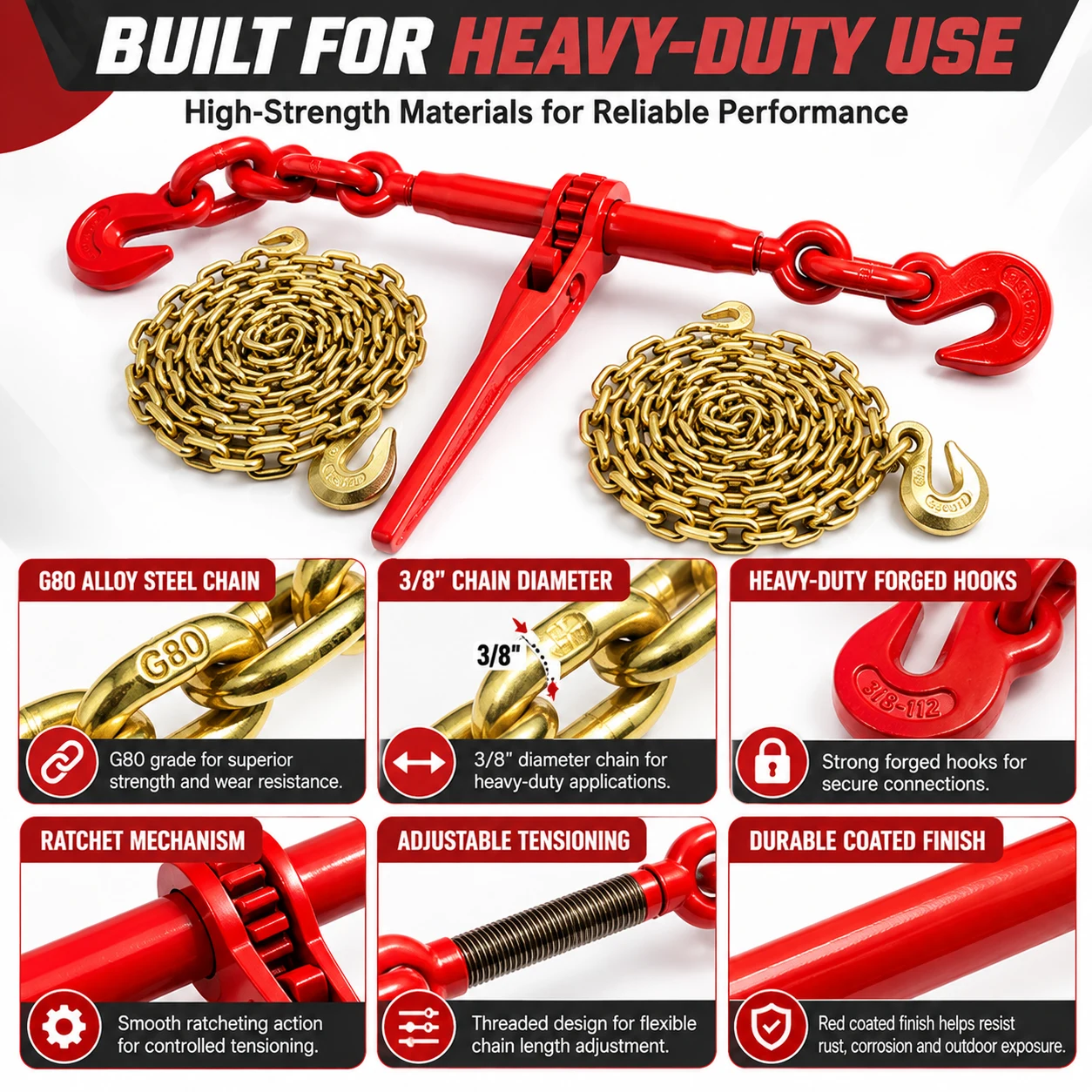 3/8" Ratchet Load Binder Set with 2 G80 Chains – 8,819 lb Capacity - Image 5