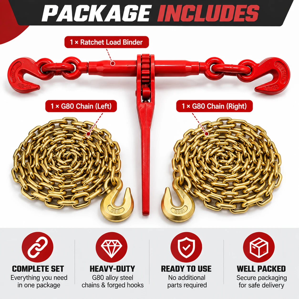 3/8" Ratchet Load Binder Set with 2 G80 Chains – 8,819 lb Capacity - Image 8