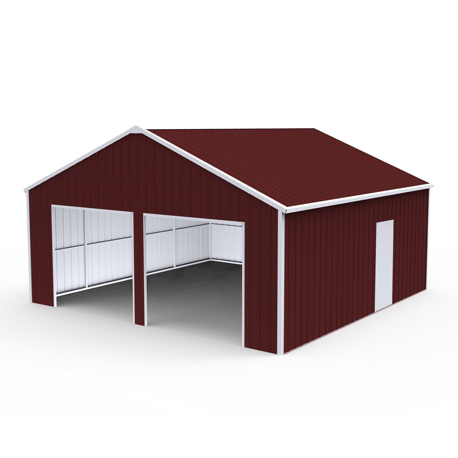 Red double garage metal storage building with open bays and a side door.