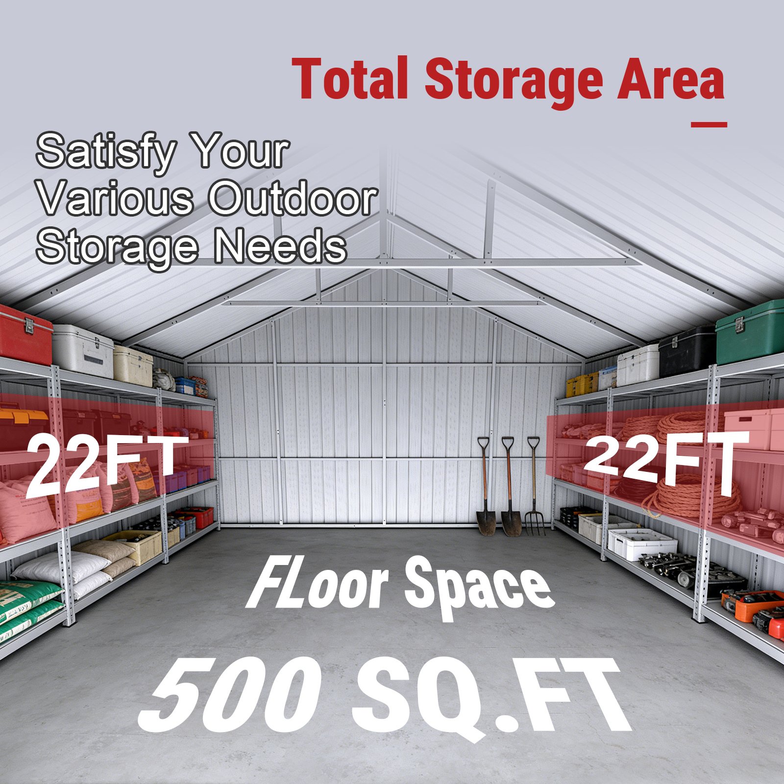 Spacious metal storage shed with shelves and tools, 22x23 ft size.