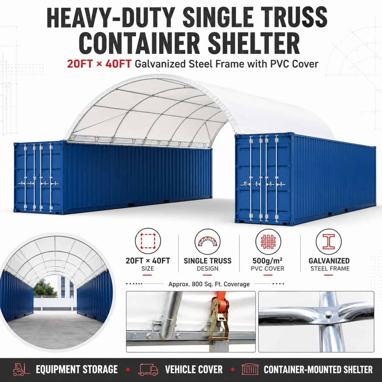 20FT x 40FT Heavy-Duty Shipping Container Shelter with Galvanized Steel Frame & PVC Cover 15 oz - Image 2
