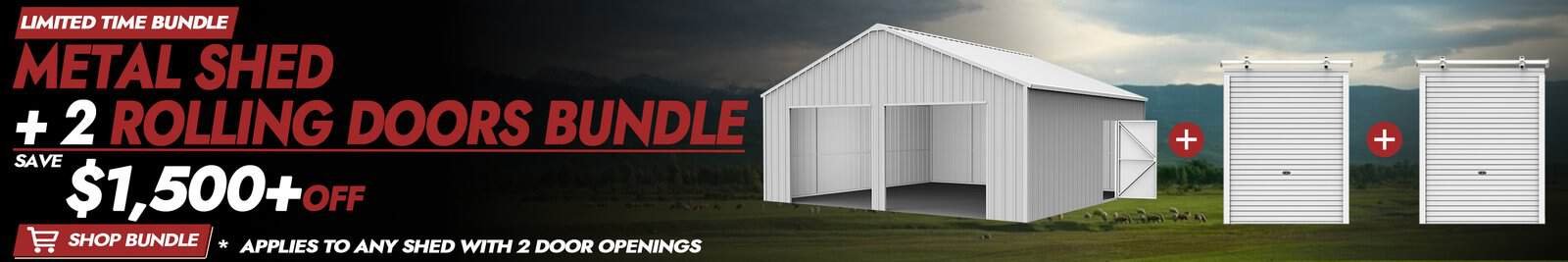 Large white metal shed with two rolling doors for storage and outdoor use.