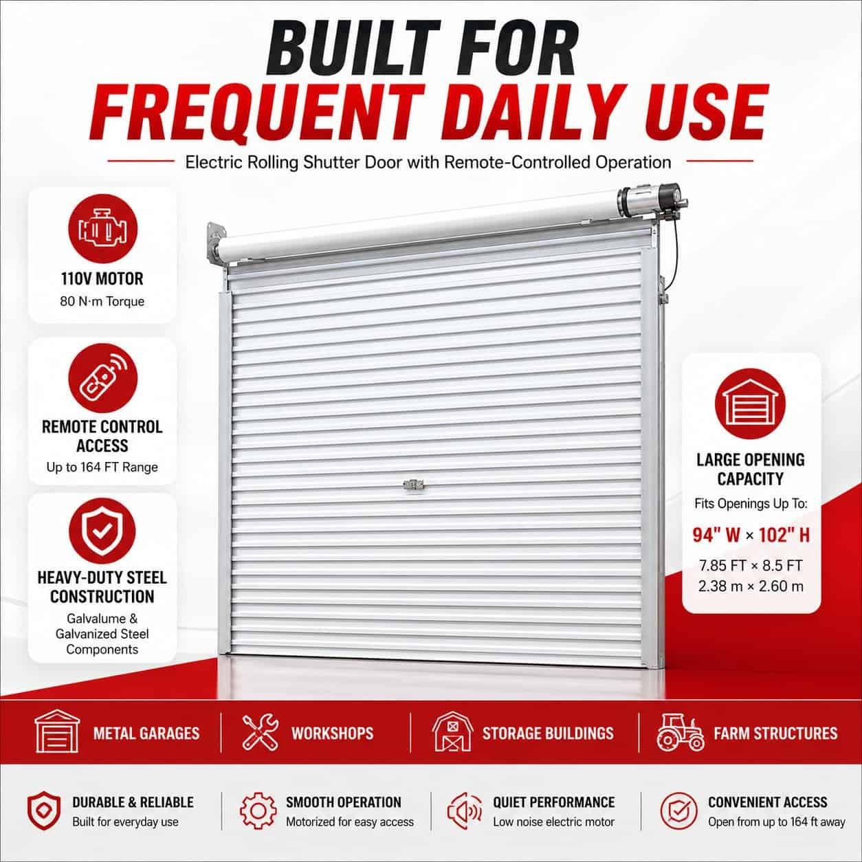 94" × 102" Electric Roll-Up Door, Steel Rolling Shutter Garage Door (7.85FT × 8.5FT) - Image 7