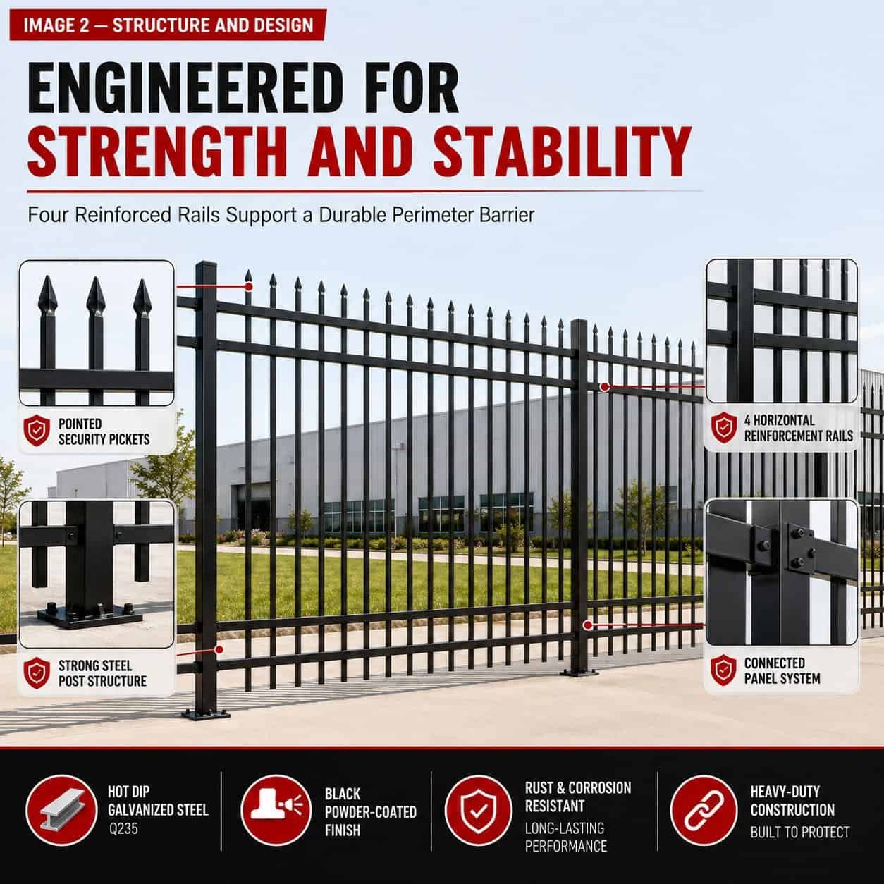 10FT × 7FT Heavy Duty Steel Fence Panels Kit, 30 Pack with Posts, 4 Rail Galvanized Security Fence - Image 7