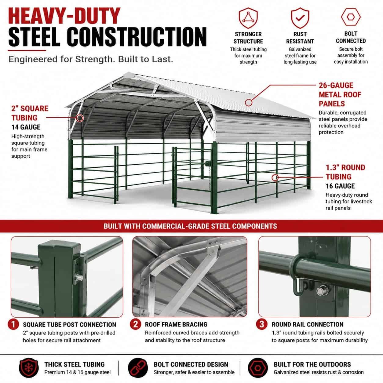 30FT x 20FT Heavy-Duty Metal Livestock Shelter with Corral Panels - Image 3