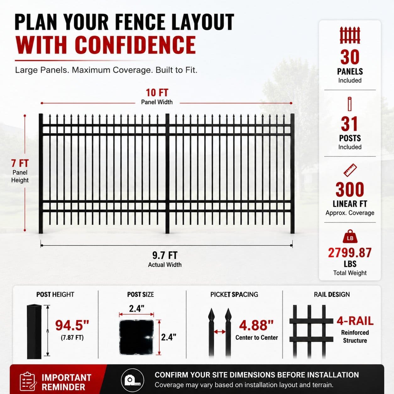 10FT × 7FT Heavy Duty Steel Fence Panels Kit, 30 Pack with Posts, 4 Rail Galvanized Security Fence - Image 2