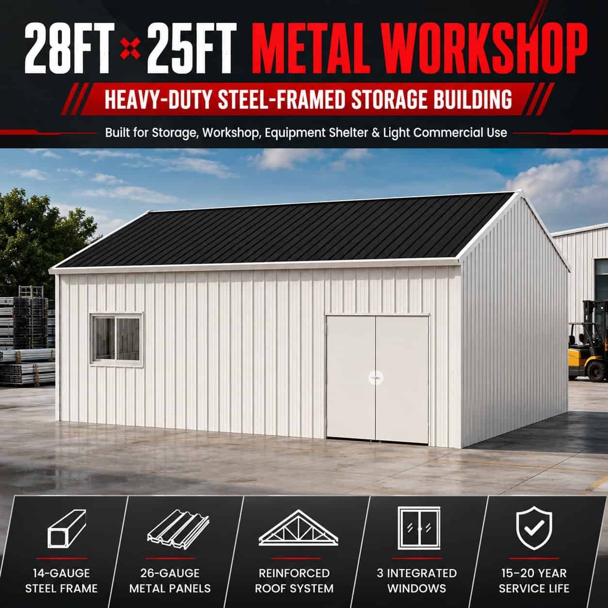 28FT x 25FT Metal Workshop Shed with Caster Sliding Door, Windows & Storage Space - Image 2