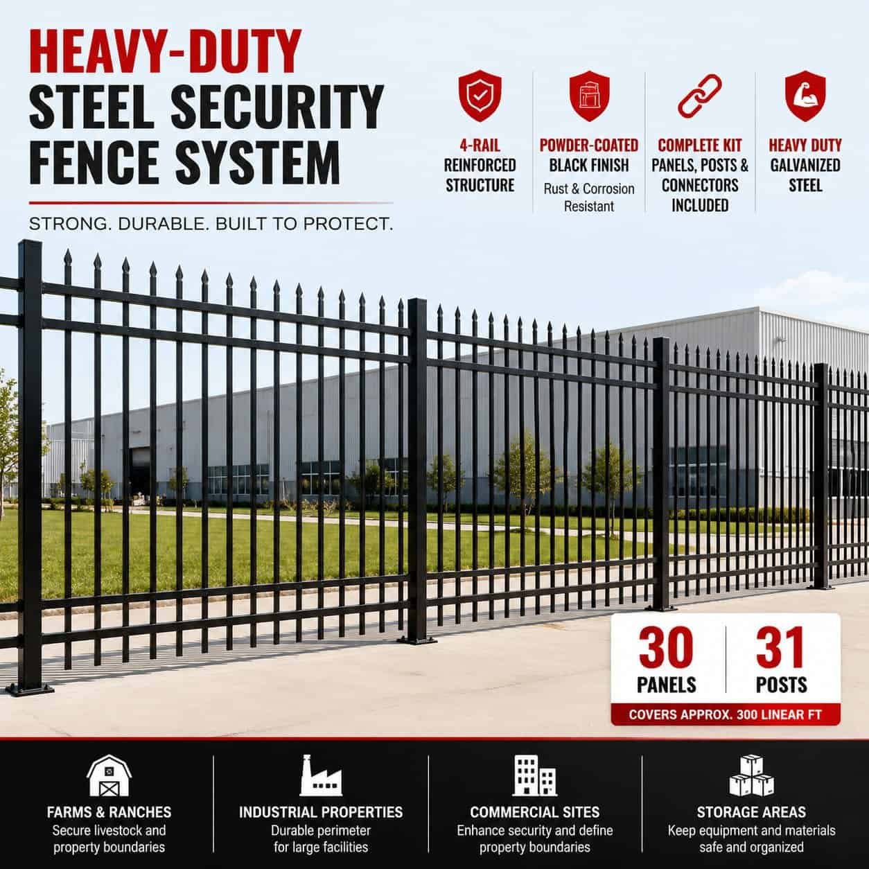 10FT × 7FT Heavy Duty Steel Fence Panels Kit, 30 Pack with Posts, 4 Rail Galvanized Security Fence - Image 8