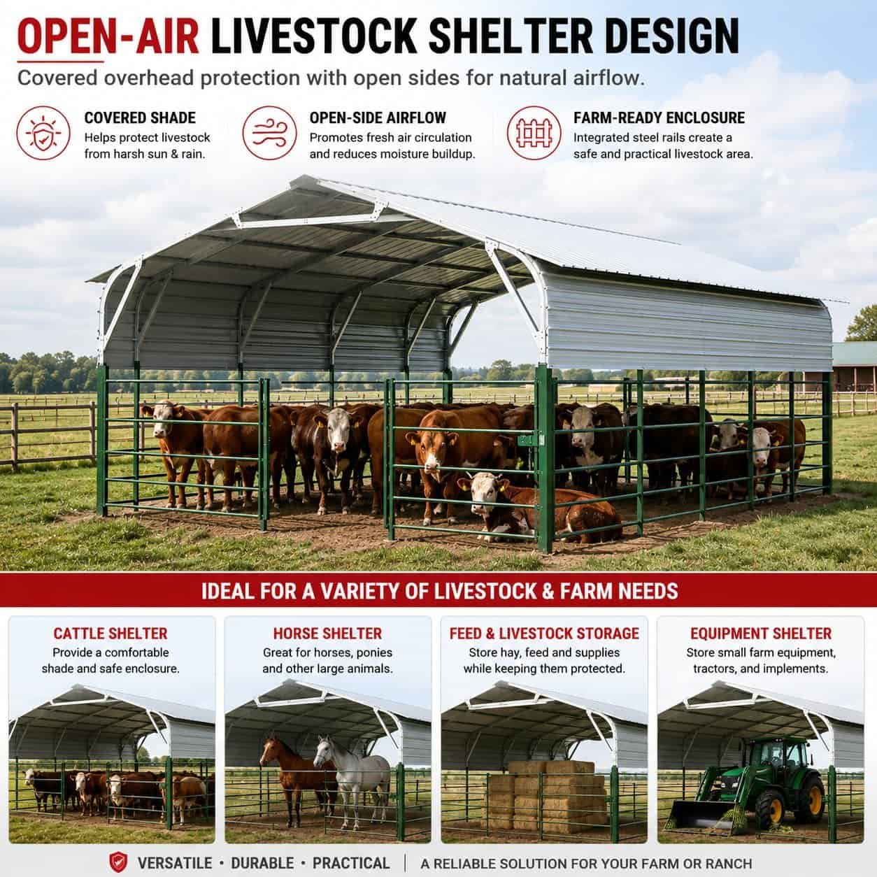 30FT x 20FT Heavy-Duty Metal Livestock Shelter with Corral Panels - Image 5