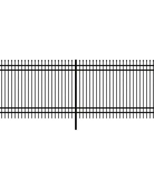 Heavy-duty black metal fence panels with vertical bars and pointed tips.