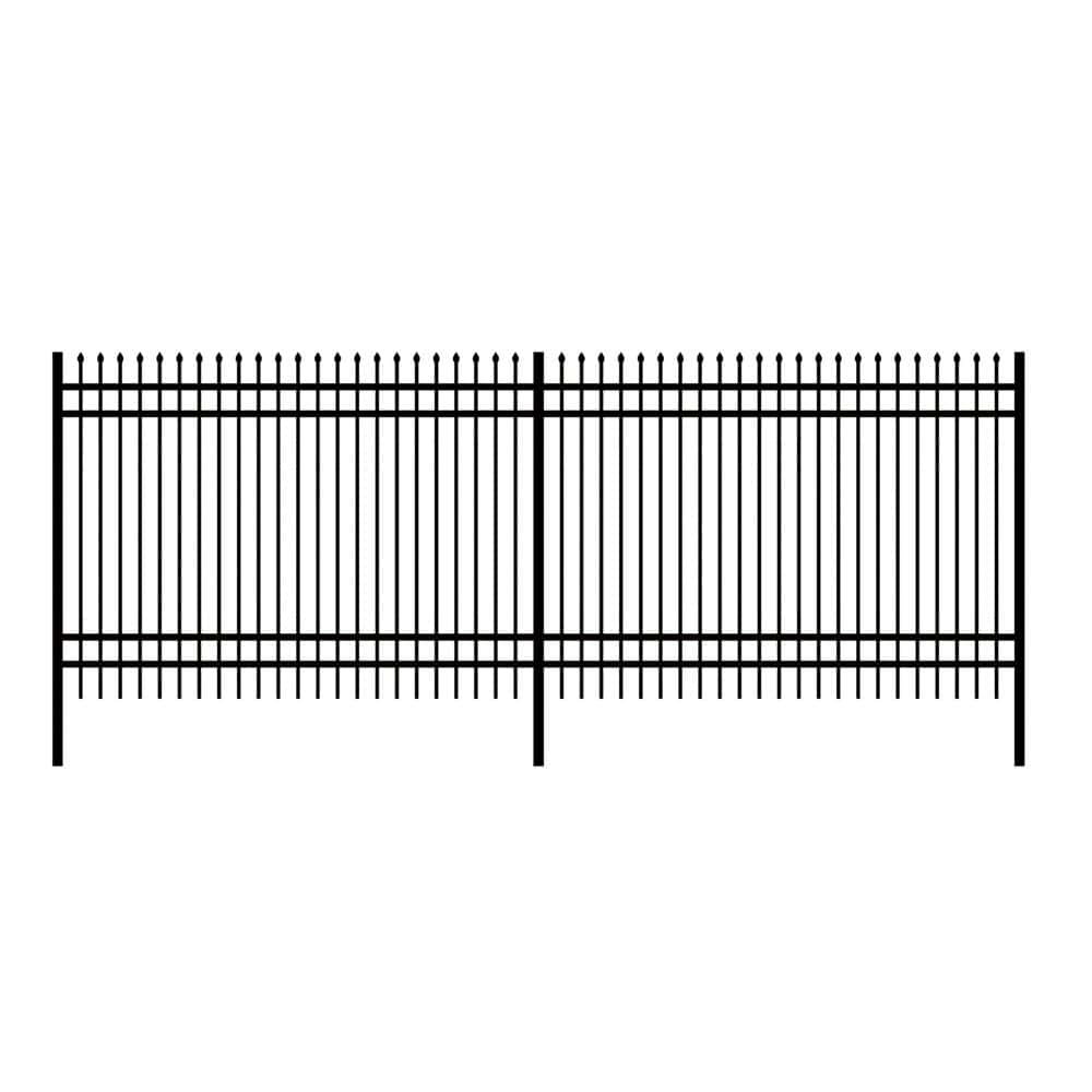 Heavy-duty black metal fence panels with vertical bars and pointed tips.