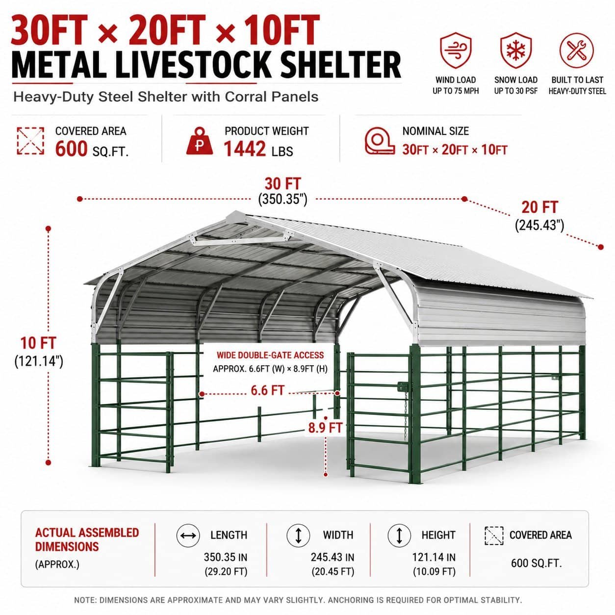 30FT x 20FT Heavy-Duty Metal Livestock Shelter with Corral Panels - Image 2