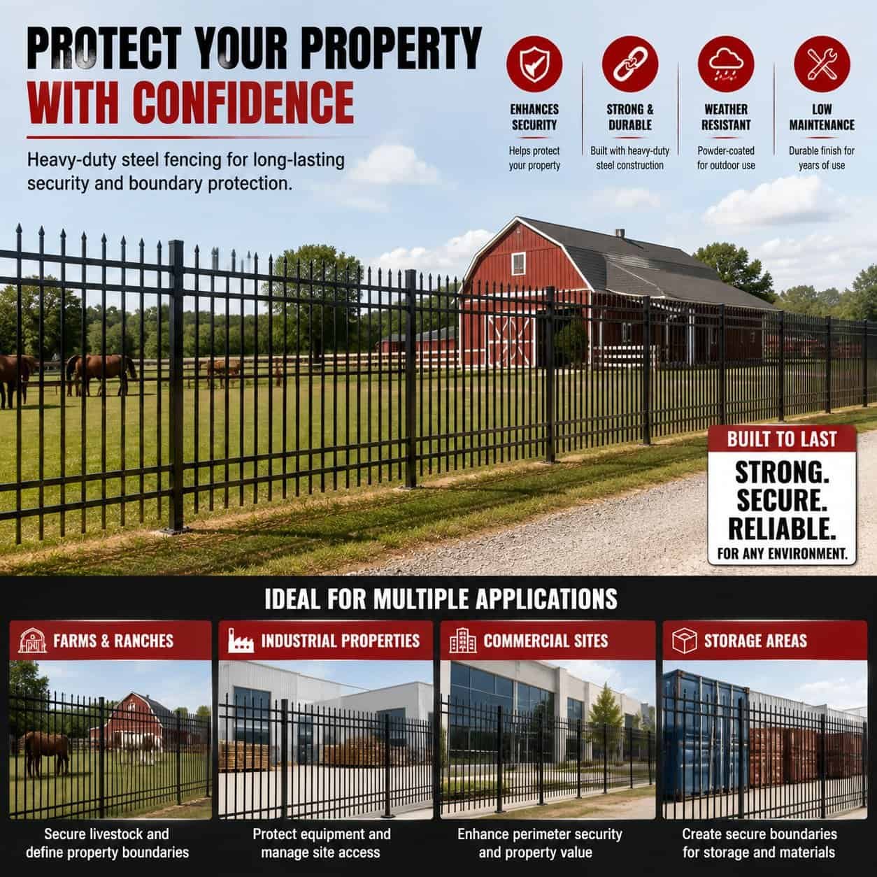 10FT × 7FT Heavy Duty Steel Fence Panels Kit, 30 Pack with Posts, 4 Rail Galvanized Security Fence - Image 5