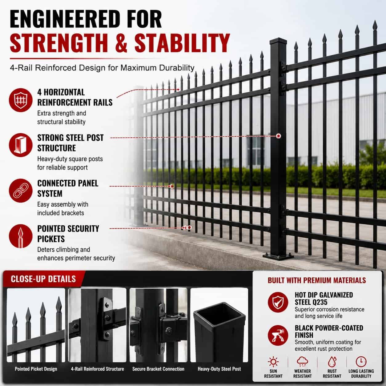 10FT × 7FT Heavy Duty Steel Fence Panels Kit, 30 Pack with Posts, 4 Rail Galvanized Security Fence - Image 6