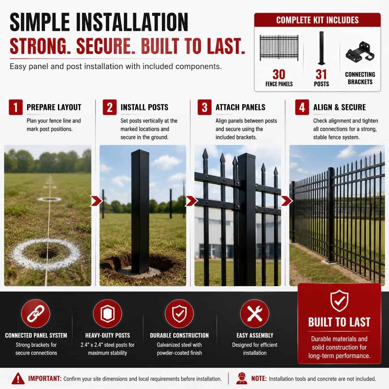 10FT × 7FT Heavy Duty Steel Fence Panels Kit, 30 Pack with Posts, 4 Rail Galvanized Security Fence - Image 4